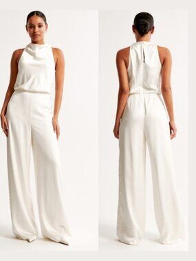 Abercrombie & Fitch Ivory Satin Wide Leg Blouson Jumpsuit - Size LP - NWT